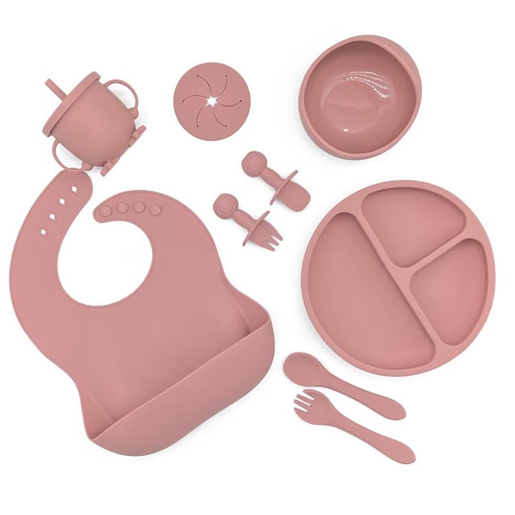 Silicone Feeding Set (Suction Cup Base) - Dusty Rose - Bonus Baby Led Weaning Cutlery Set