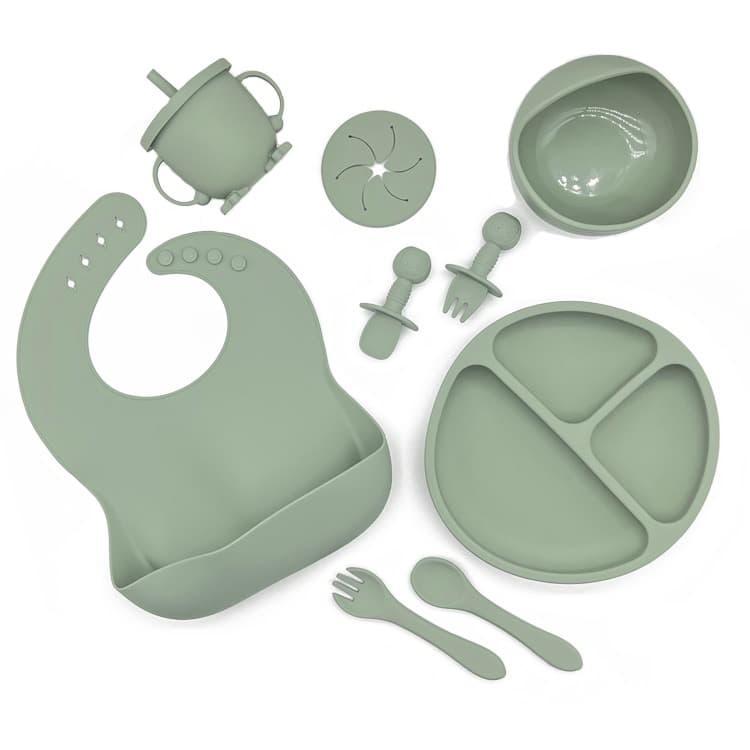 Silicone Feeding Set (Suction Cup Base) - Olive - Bonus Baby Led Weaning Cutlery Set