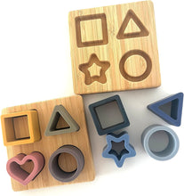 Load image into Gallery viewer, 4 in 1 Teething Puzzle Colours and Shapes Set | Montessori Developmental Toy | Learn Colours Shapes | Natural Timber Base and Food Grade Silicone | Dishwasher Safe Shapes
